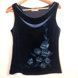 Maria Gabrielle Shirt Medium Blue Velour Tank Top Draped Beaded Roses Vtg Y2K